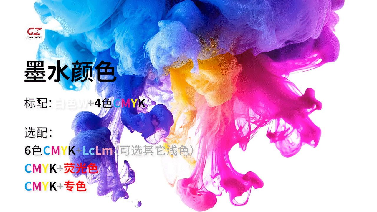 墨水颜色标配：白色W+4色CMYK；选配：6色CMYK+LcLm（可选其它浅色） CMYK+荧光色 CMYK+专色.gif